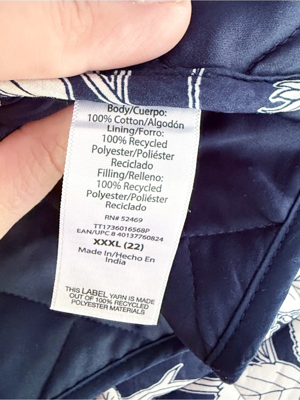 Time & Tru Women 100% Cotton Floral Quilted Jacket XXL Navy Blue Coastal Casual - Picture 9 of 10